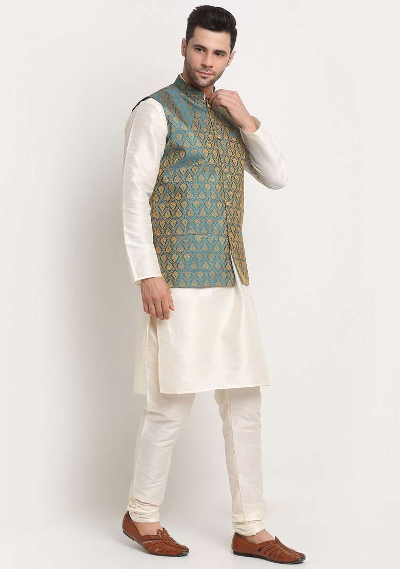 Cream And Blue Solid Silk Blend Nehru Jacket Set For Men - Indya
