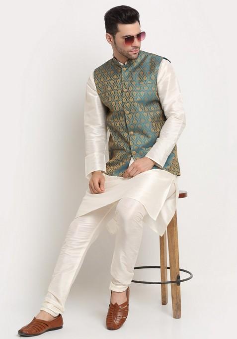Cream And Blue Solid Silk Blend Nehru Jacket Set For Men