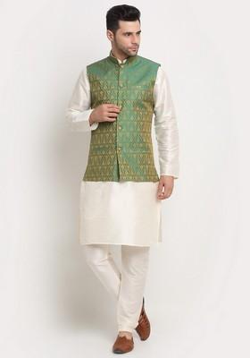 Cream And Green Solid Silk Blend Nehru Jacket Set For Men