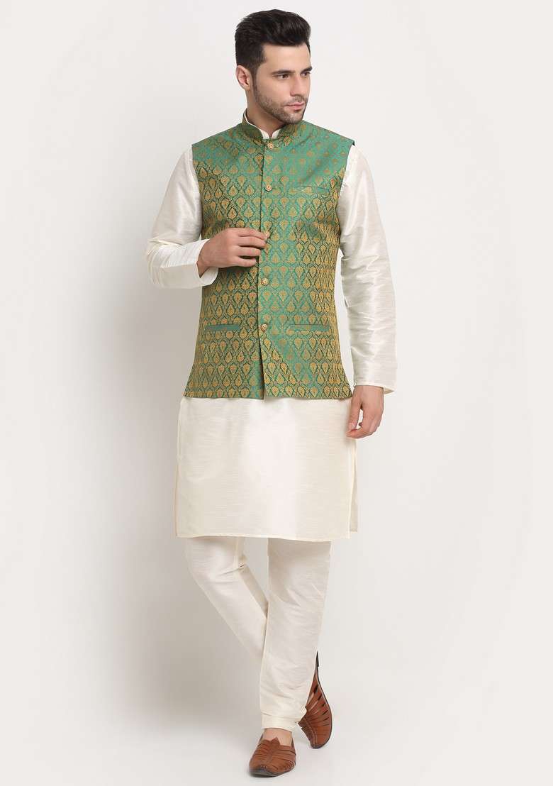 Cream And Green Solid Silk Blend Nehru Jacket Set For Men - Indya