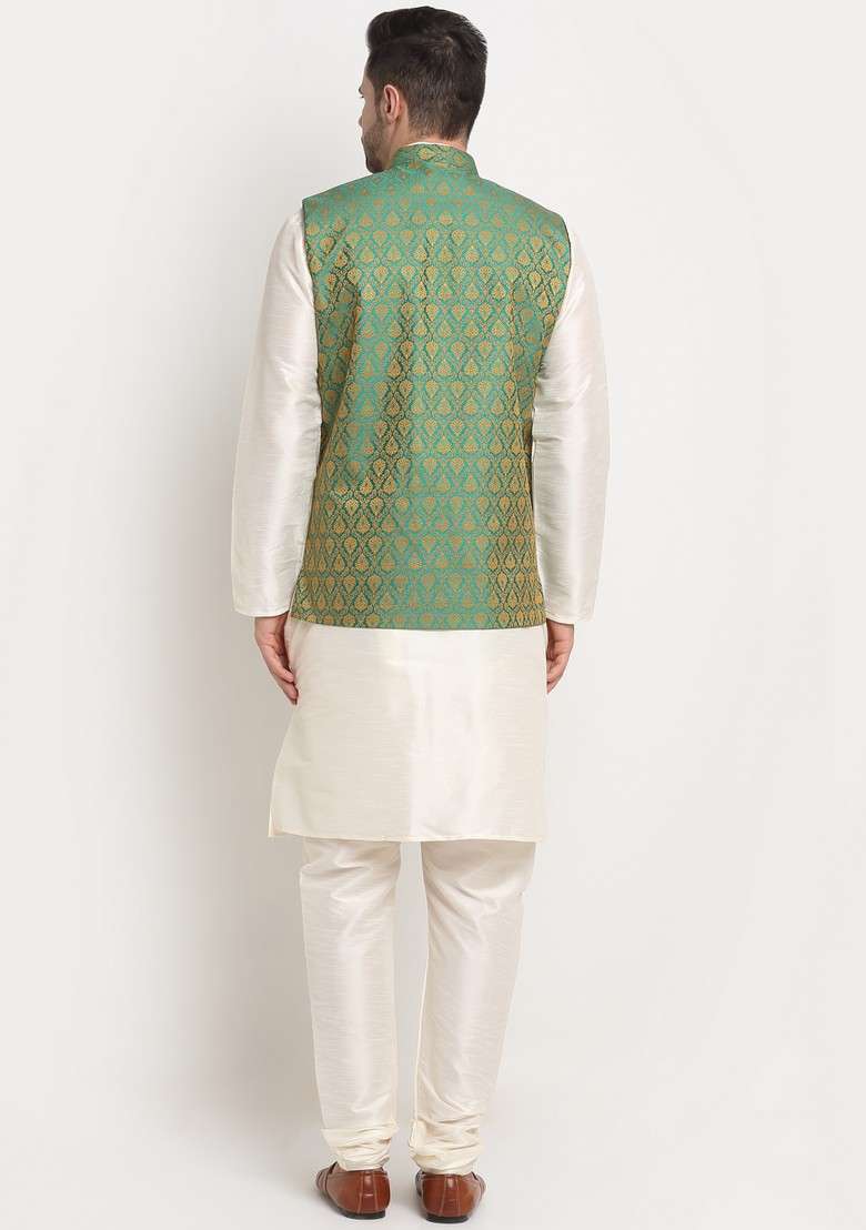 Cream And Green Solid Silk Blend Nehru Jacket Set For Men - Indya