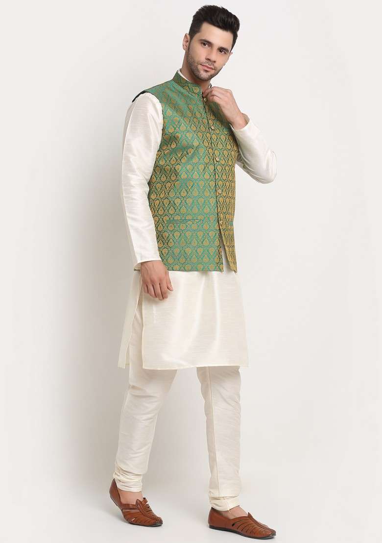 Cream And Green Solid Silk Blend Nehru Jacket Set For Men - Indya