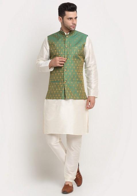 Cream And Green Solid Silk Blend Nehru Jacket Set For Men