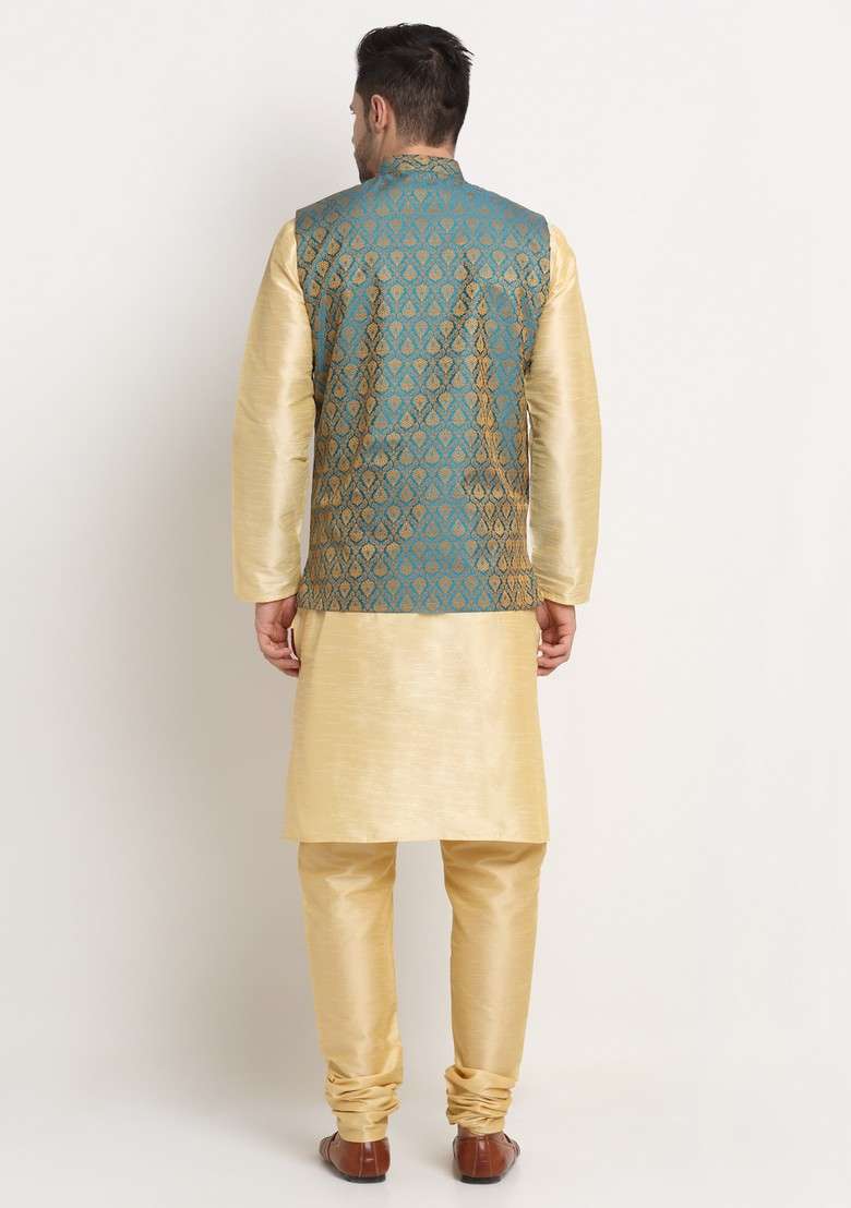 Fawn And Blue Solid Silk Blend Nehru Jacket Set For Men - Indya