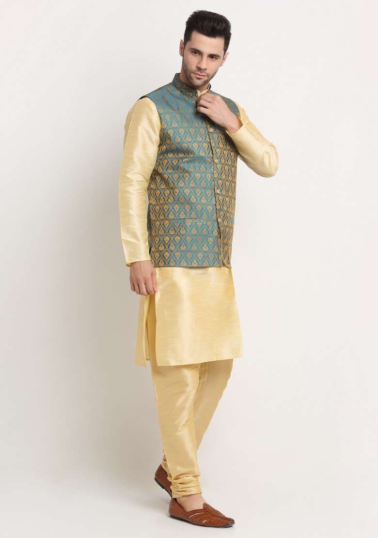 Fawn And Blue Solid Silk Blend Nehru Jacket Set For Men - Indya