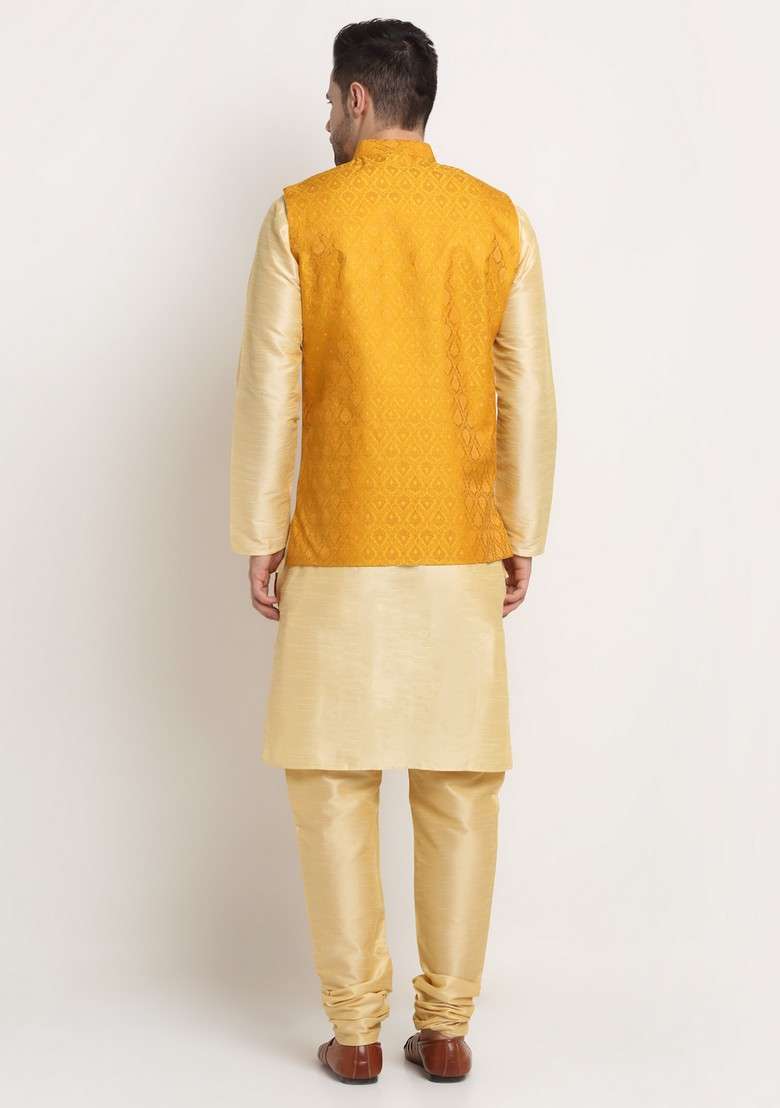 Fawn And Yellow Solid Silk Blend Nehru Jacket Set For Men - Indya