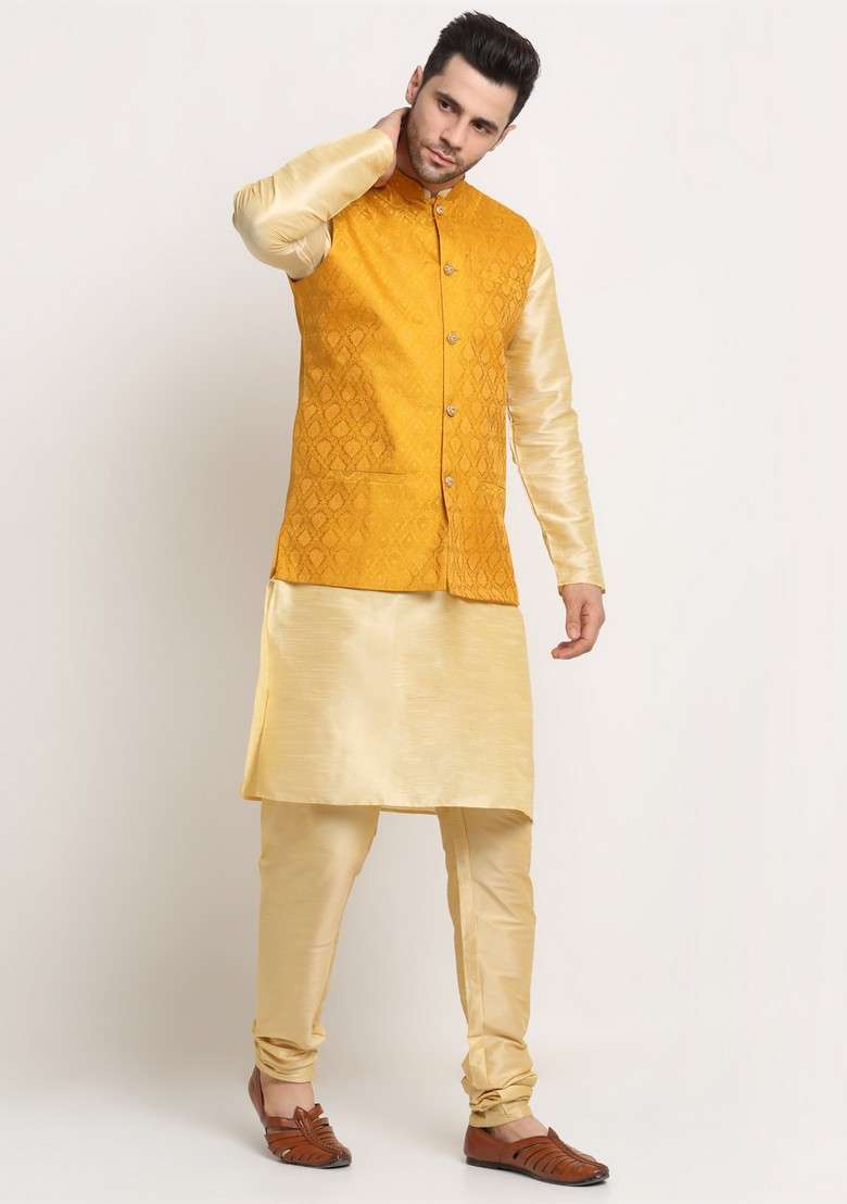 Fawn And Yellow Solid Silk Blend Nehru Jacket Set For Men - Indya