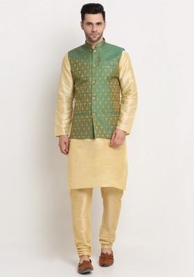 Fawn And Green Solid Silk Blend Nehru Jacket Set For Men