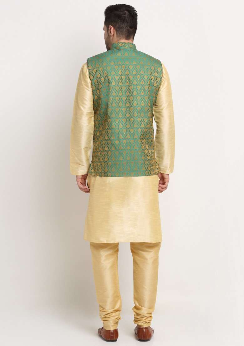 Fawn And Green Solid Silk Blend Nehru Jacket Set For Men - Indya