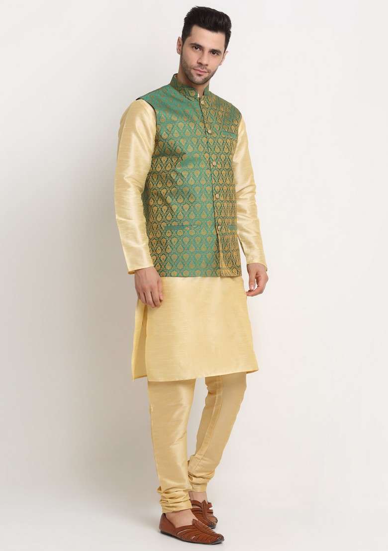 Fawn And Green Solid Silk Blend Nehru Jacket Set For Men - Indya