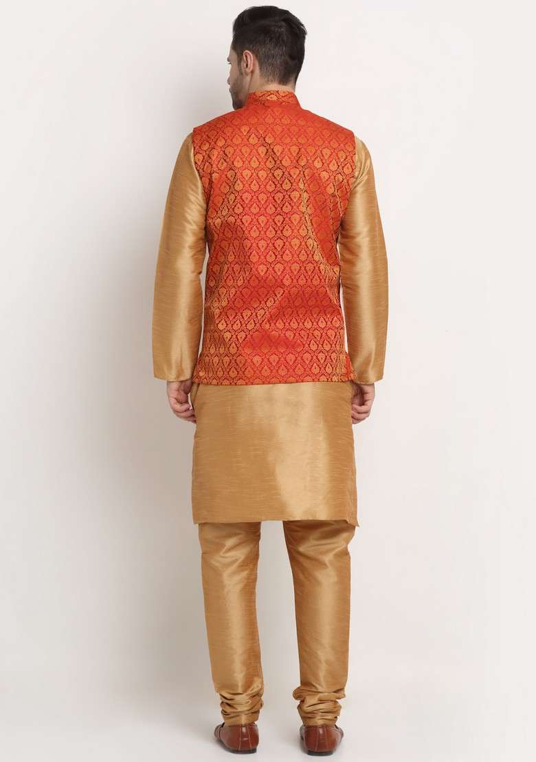 Gold And Red Solid Silk Blend Nehru Jacket Set For Men - Indya