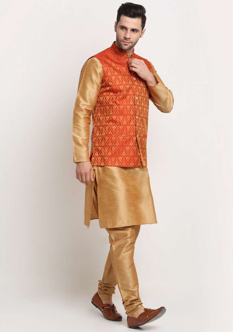 Gold And Red Solid Silk Blend Nehru Jacket Set For Men - Indya