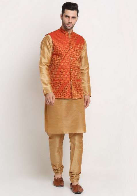 Gold And Red Solid Silk Blend Nehru Jacket Set For Men