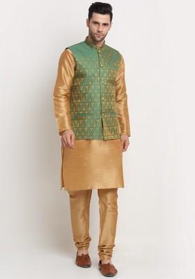 Gold And Green Solid Silk Blend Nehru Jacket Set For Men