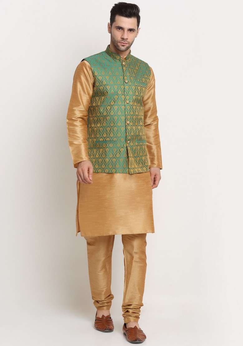Gold And Green Solid Silk Blend Nehru Jacket Set For Men - Indya