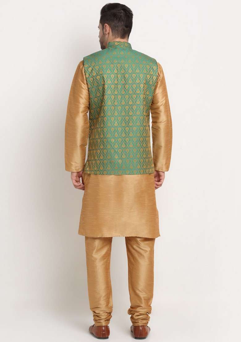 Gold And Green Solid Silk Blend Nehru Jacket Set For Men - Indya