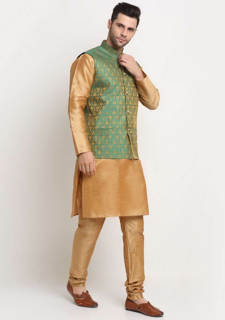 Gold And Green Solid Silk Blend Nehru Jacket Set For Men - Indya