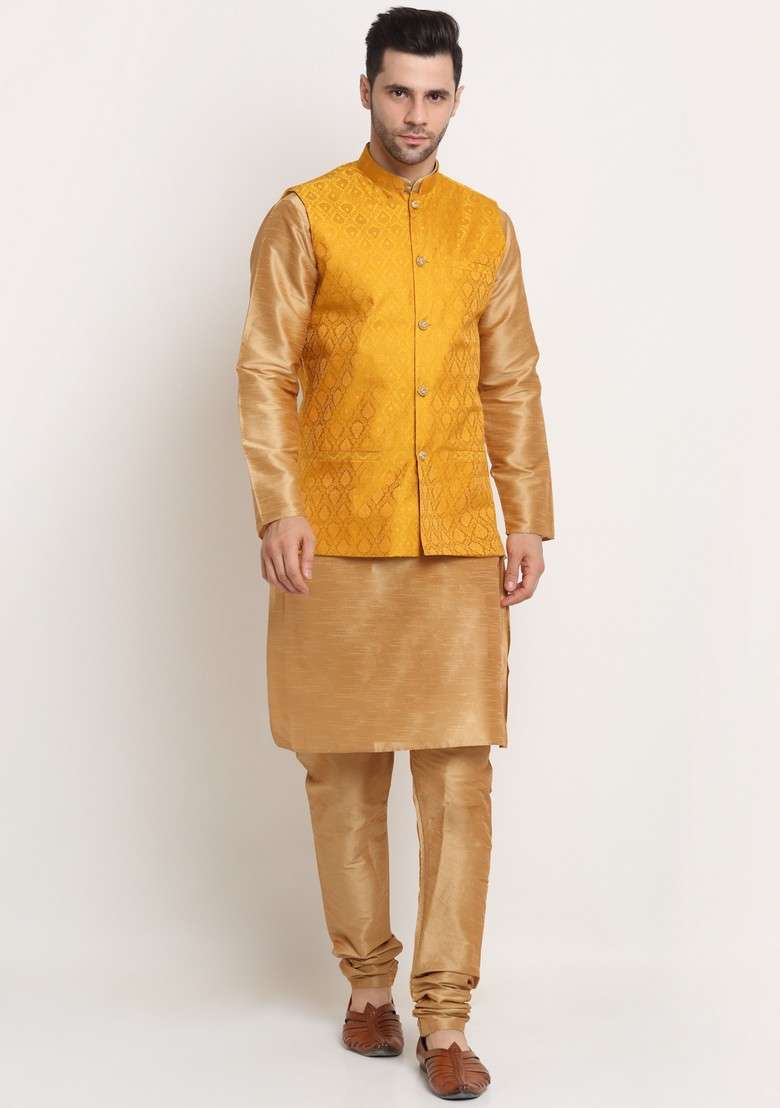 Gold And Yellow Solid Silk Blend Nehru Jacket Set For Men - Indya