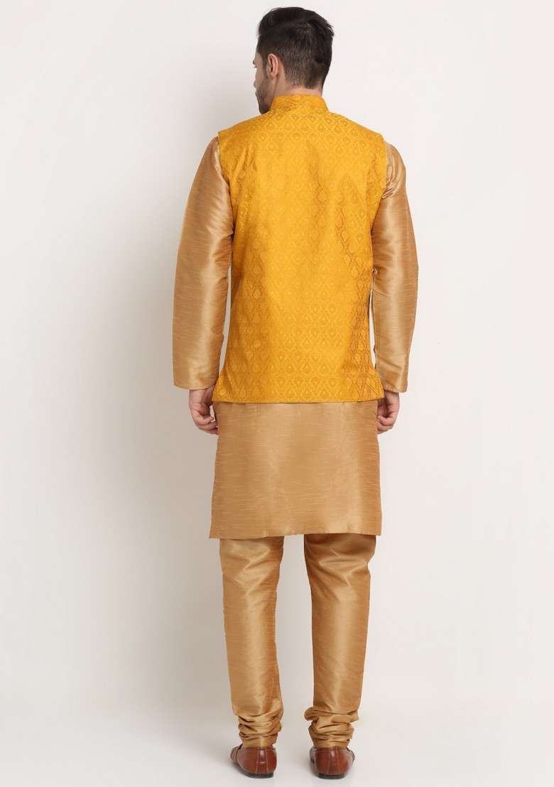 Gold And Yellow Solid Silk Blend Nehru Jacket Set For Men - Indya