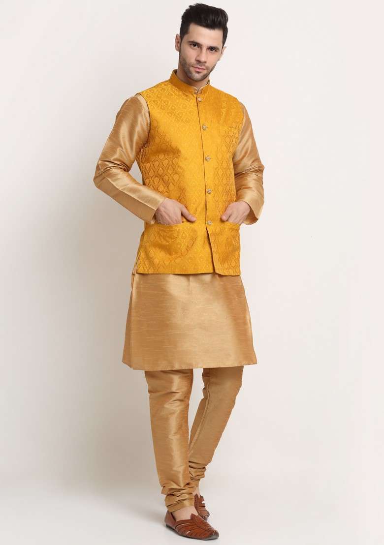 Gold And Yellow Solid Silk Blend Nehru Jacket Set For Men - Indya