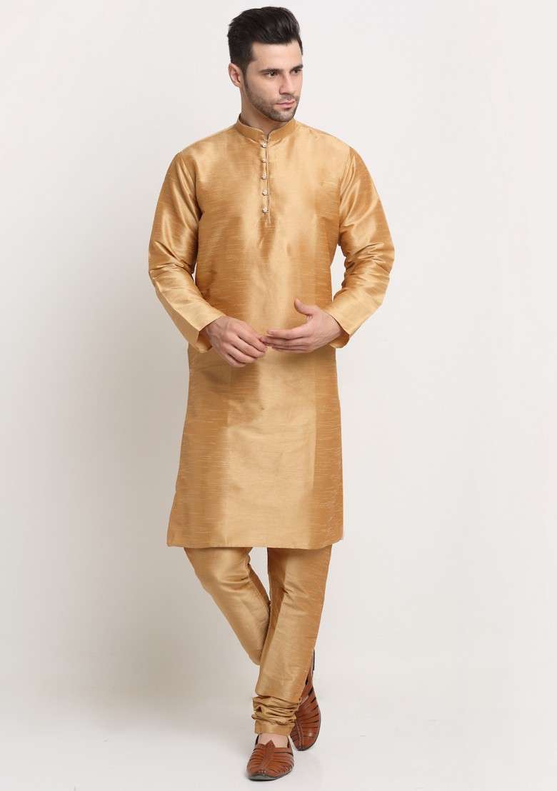 Gold And Yellow Solid Silk Blend Nehru Jacket Set For Men - Indya