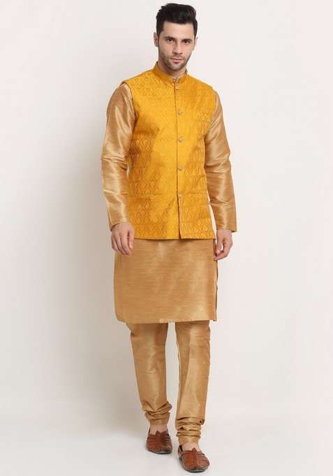 Gold And Yellow Solid Silk Blend Nehru Jacket Set For Men