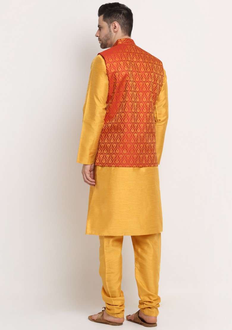 Mustard Yellow And Red Solid Silk Blend Nehru Jacket Set For Men - Indya