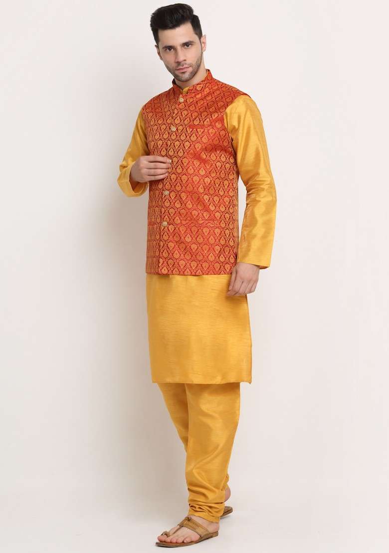 Mustard Yellow And Red Solid Silk Blend Nehru Jacket Set For Men - Indya