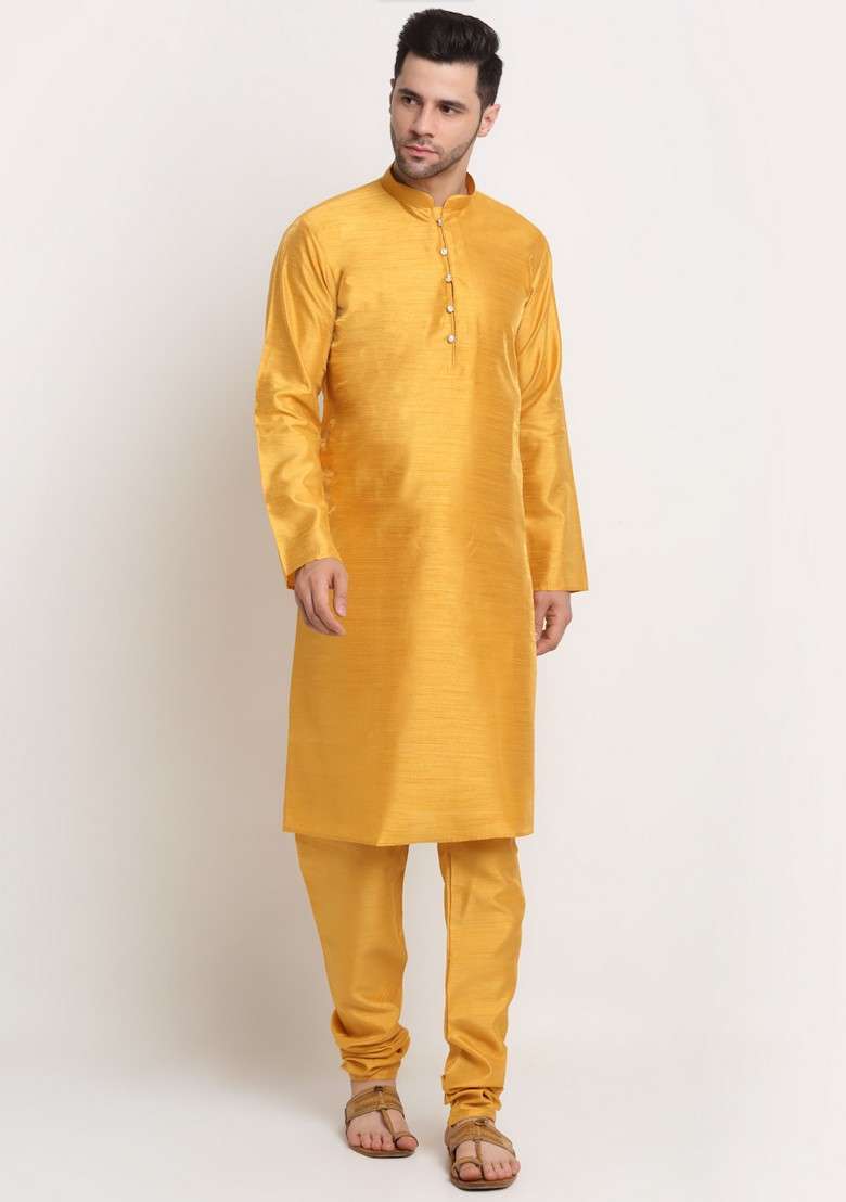 Mustard Yellow And Red Solid Silk Blend Nehru Jacket Set For Men - Indya