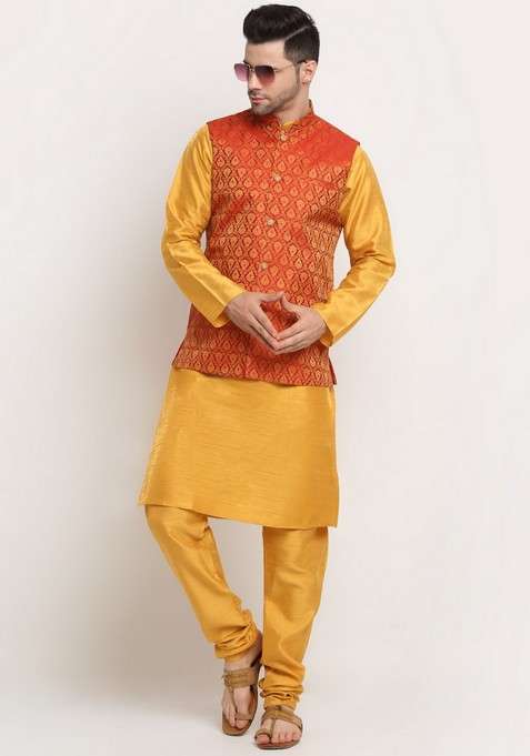 Mustard Yellow And Red Solid Silk Blend Nehru Jacket Set For Men