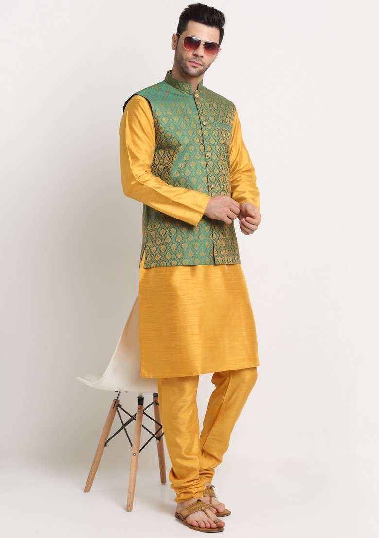 Mustard And Green Solid Silk Blend Nehru Jacket Set For Men - Indya