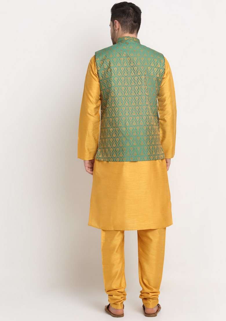 Mustard And Green Solid Silk Blend Nehru Jacket Set For Men - Indya