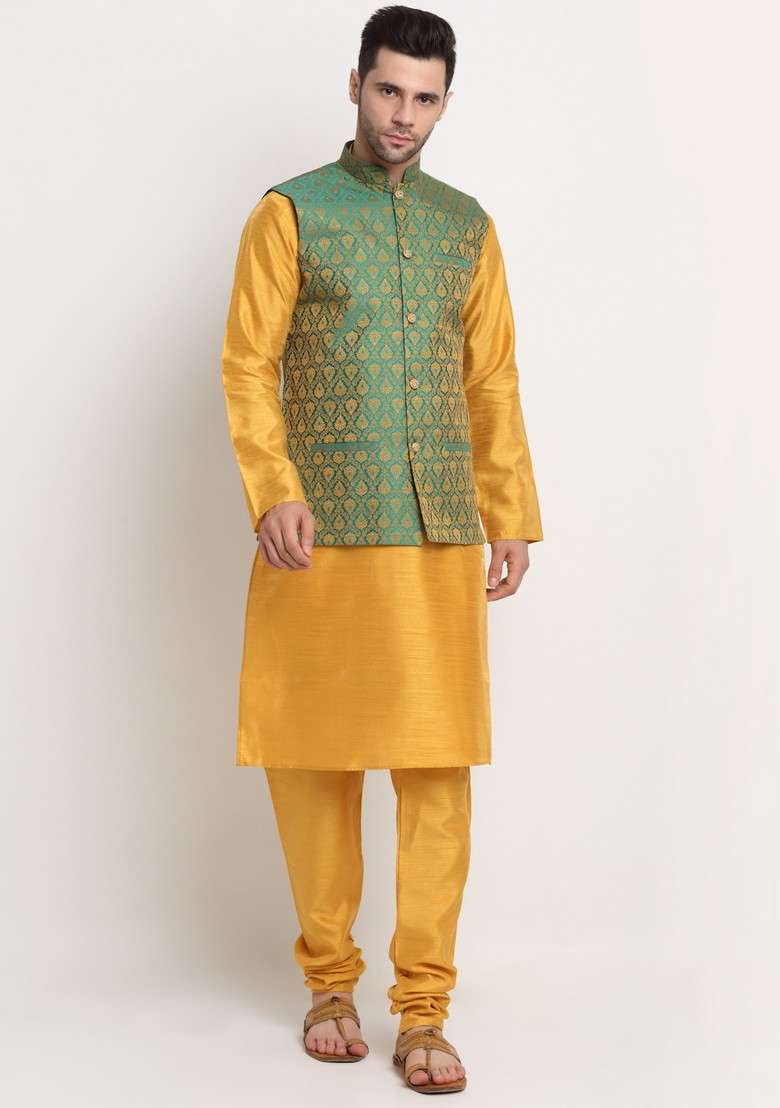 Mustard And Green Solid Silk Blend Nehru Jacket Set For Men - Indya