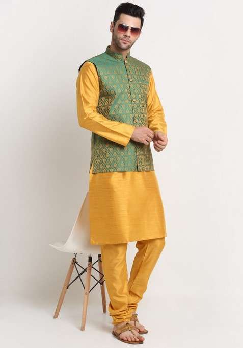 Mustard And Green Solid Silk Blend Nehru Jacket Set For Men