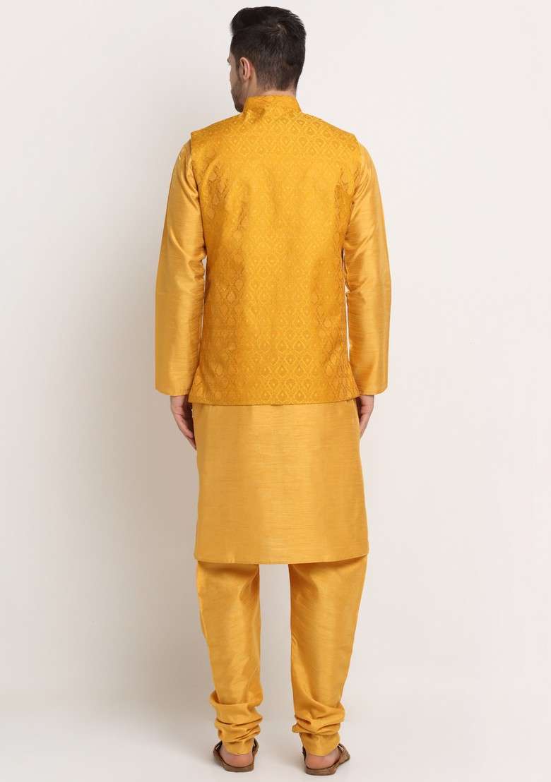 Mustard Yellow Solid Silk Blend Nehru Jacket Set For Men - Indya