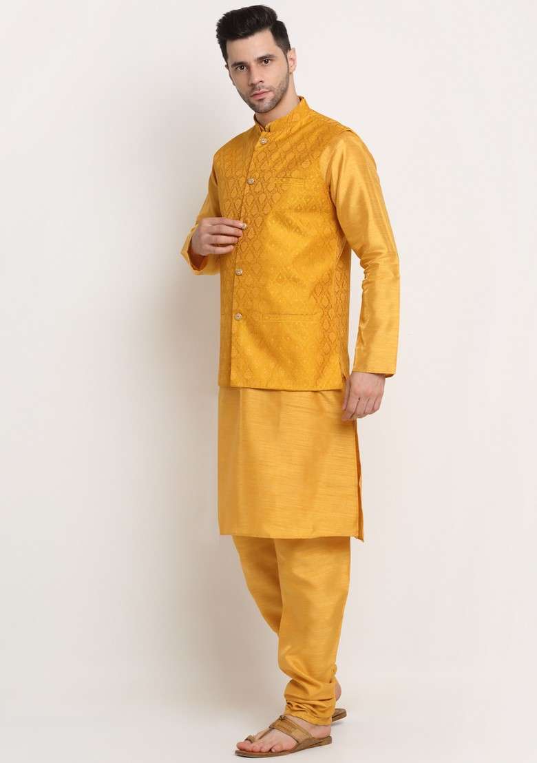 Mustard Yellow Solid Silk Blend Nehru Jacket Set For Men - Indya