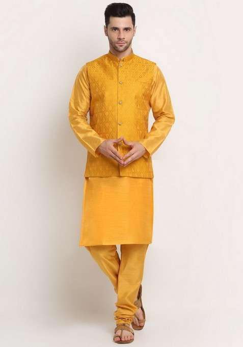 Mustard Yellow Solid Silk Blend Nehru Jacket Set For Men
