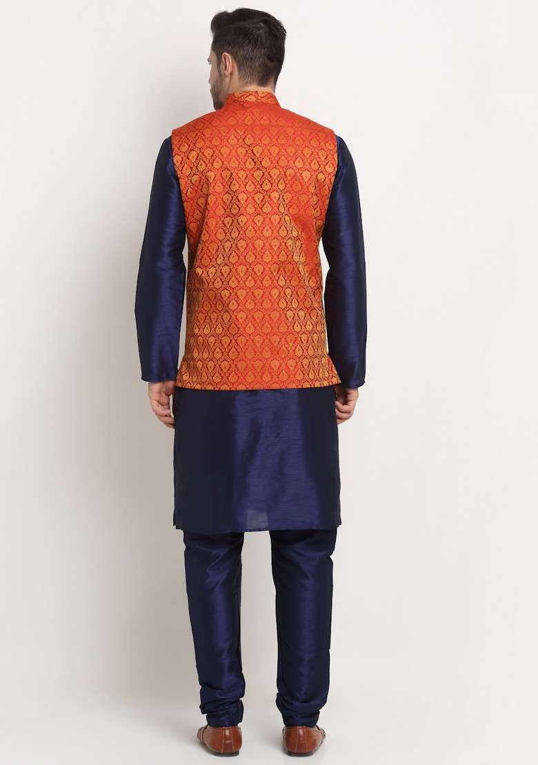 Navy Blue And Red Solid Silk Blend Nehru Jacket Set For Men - Indya