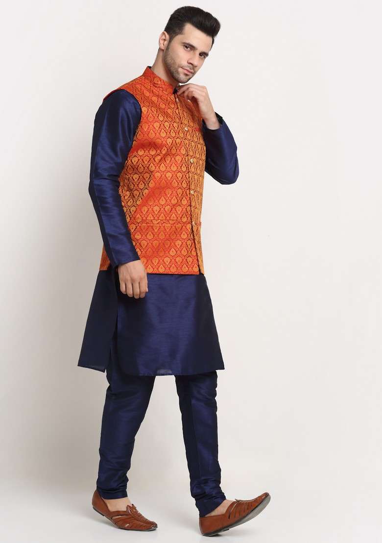 Navy Blue And Red Solid Silk Blend Nehru Jacket Set For Men - Indya