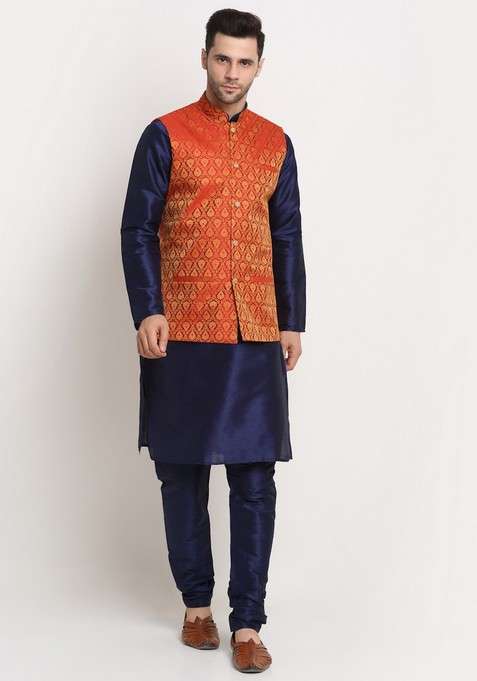 Navy Blue And Red Solid Silk Blend Nehru Jacket Set For Men