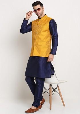Navy Blue And Yellow Solid Silk Blend Nehru Jacket Set For Men