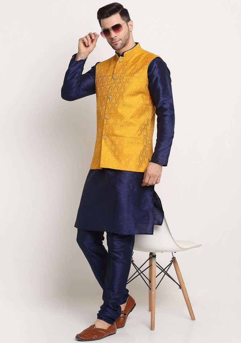 Navy Blue And Yellow Solid Silk Blend Nehru Jacket Set For Men - Indya
