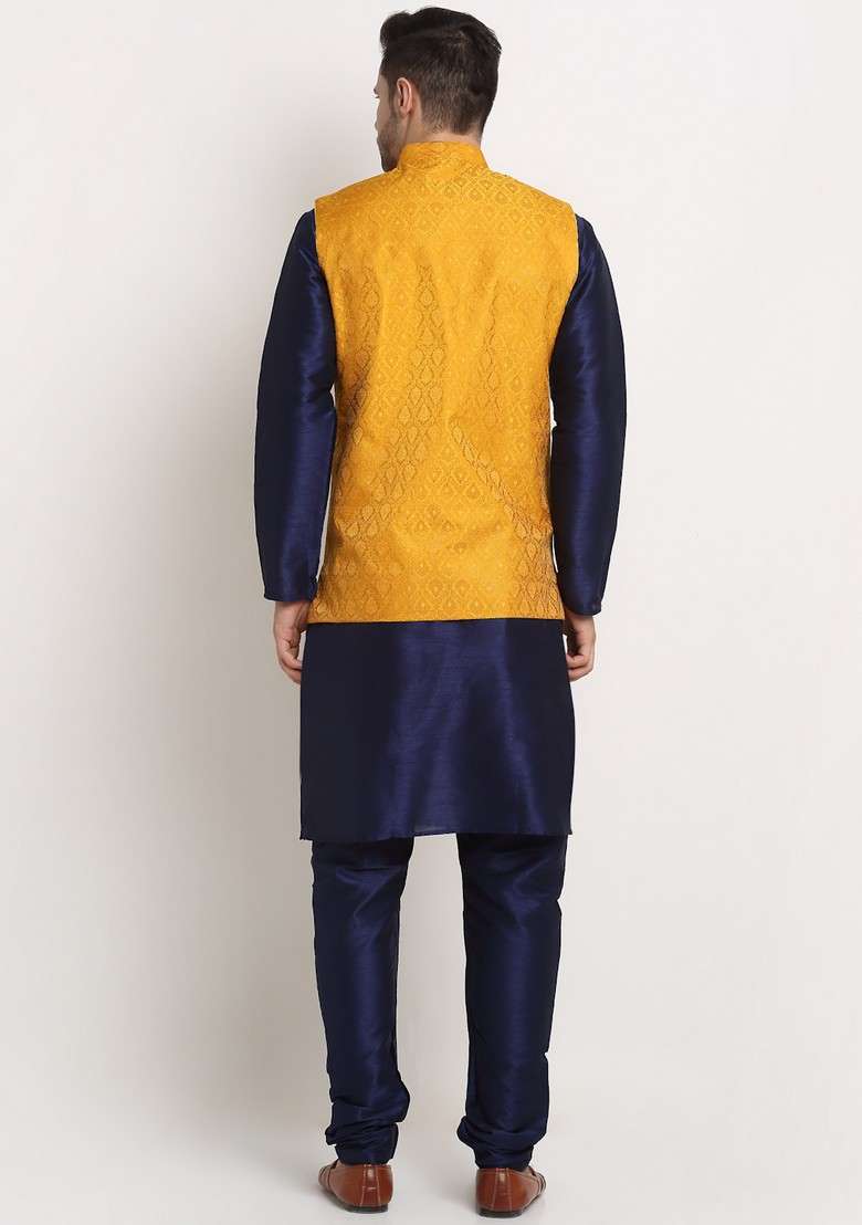 Navy Blue And Yellow Solid Silk Blend Nehru Jacket Set For Men - Indya