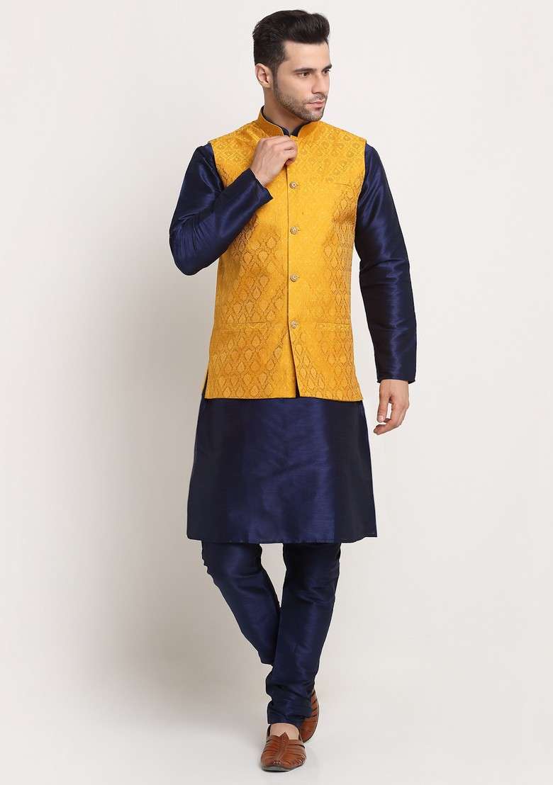 Navy Blue And Yellow Solid Silk Blend Nehru Jacket Set For Men - Indya