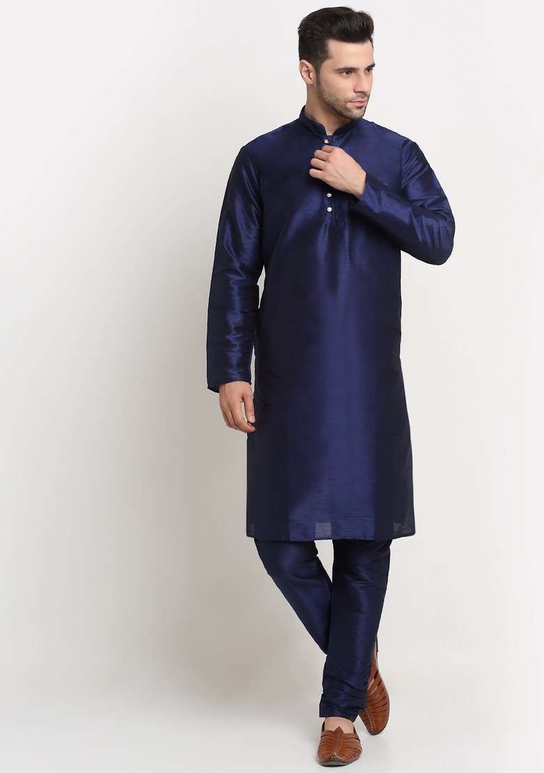 Navy Blue And Yellow Solid Silk Blend Nehru Jacket Set For Men - Indya