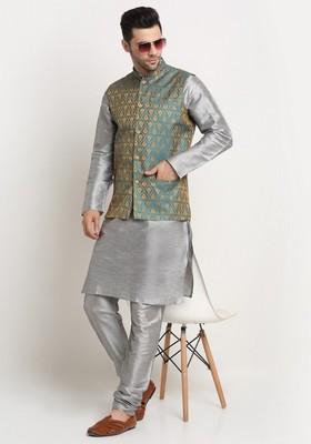 Silver And Blue Solid Silk Blend Nehru Jacket Set For Men