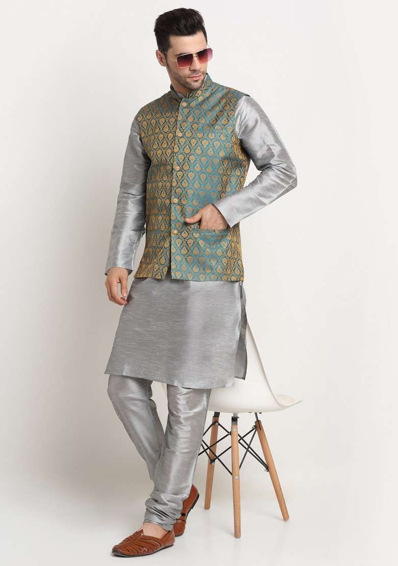 Silver And Blue Solid Silk Blend Nehru Jacket Set For Men - Indya