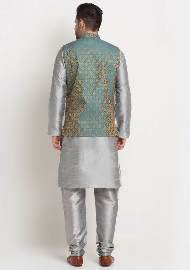 Silver And Blue Solid Silk Blend Nehru Jacket Set For Men - Indya