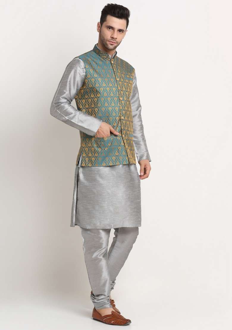Silver And Blue Solid Silk Blend Nehru Jacket Set For Men - Indya
