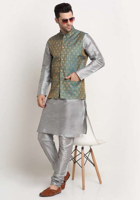 Silver And Blue Solid Silk Blend Nehru Jacket Set For Men